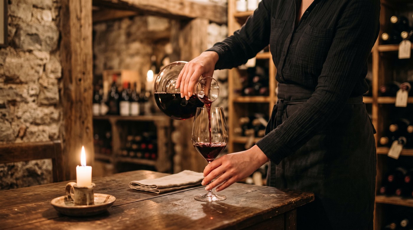 Wine poured tableside in The Cellar, by candlelight