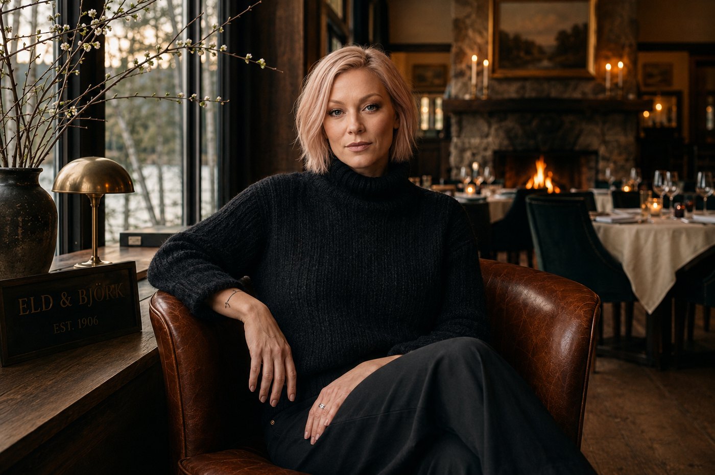 Forever Still seated by the fire in the main dining room, beside the Eld & Björk table sign